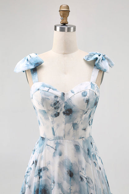 Blue Flower Printed A Line Long Bridesmaid Dress with Lace-up Back