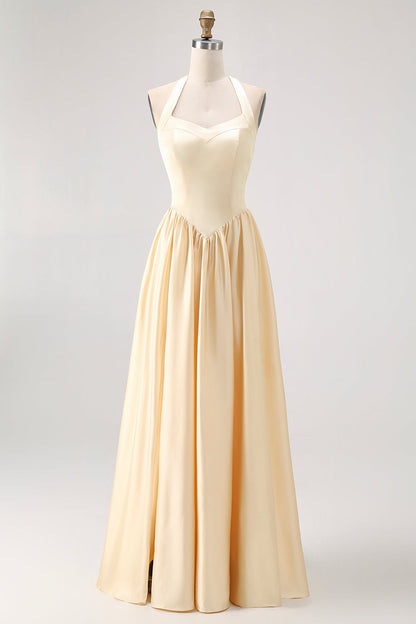 Daffodil Halter A Line Satin Bridesmaid Dress