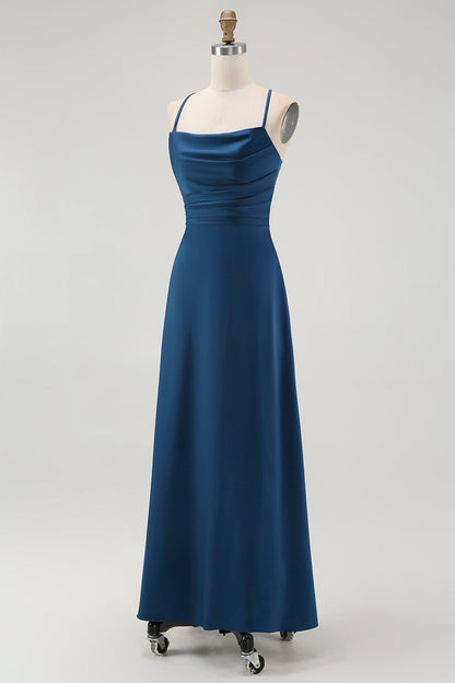 Dark Blue Spaghetti Straps A Line Long Bridesmaid Dress