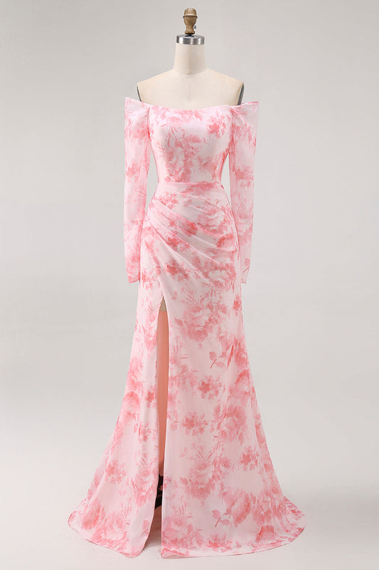 Pink Flower Mermaid Off The Shoulder Long Sleeve Bridesmaid Dress with Slit