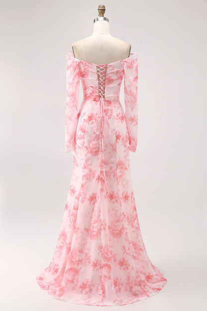 Pink Flower Mermaid Off The Shoulder Long Sleeve Bridesmaid Dress with Slit