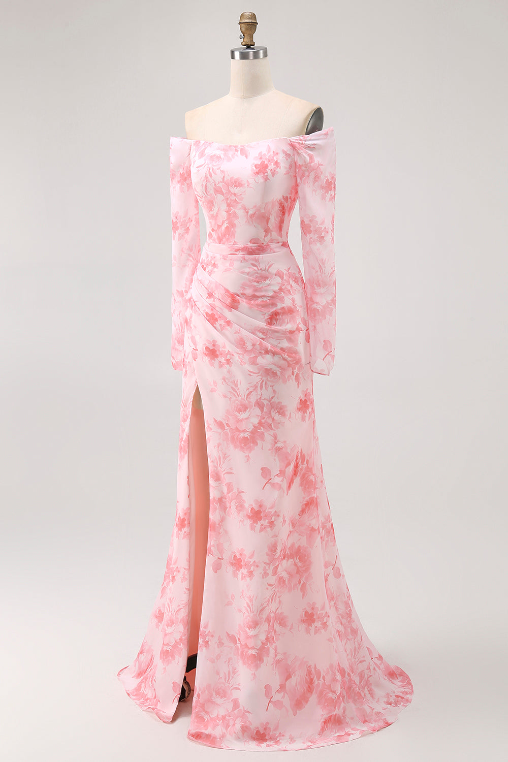 Pink Flower Mermaid Off The Shoulder Long Sleeve Bridesmaid Dress with Slit