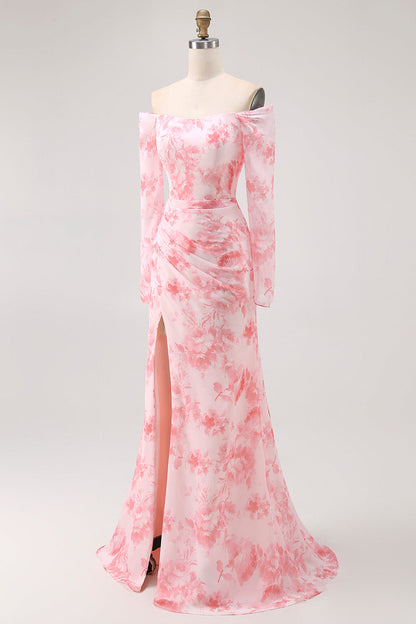 Pink Flower Mermaid Off The Shoulder Long Sleeve Bridesmaid Dress with Slit