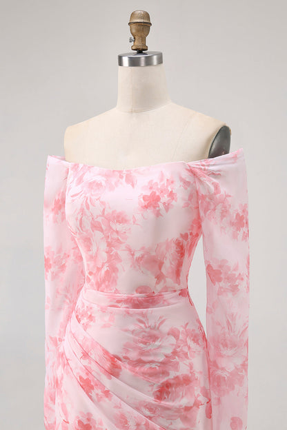 Pink Flower Mermaid Off The Shoulder Long Sleeve Bridesmaid Dress with Slit