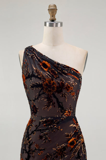 One Shoulder Black Floral Sheath Bridesmaid Dress