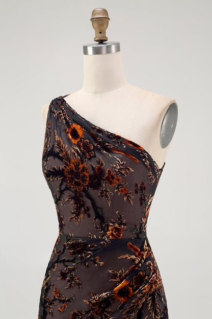 One Shoulder Black Floral Sheath Bridesmaid Dress