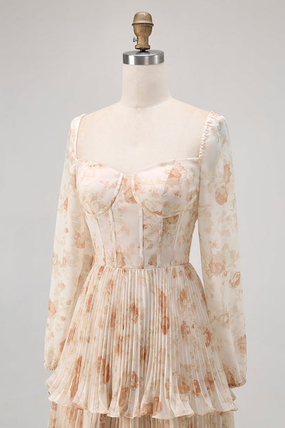 Champagne Floral A Line Tiered Long Sleeve Bridesmaid Dress