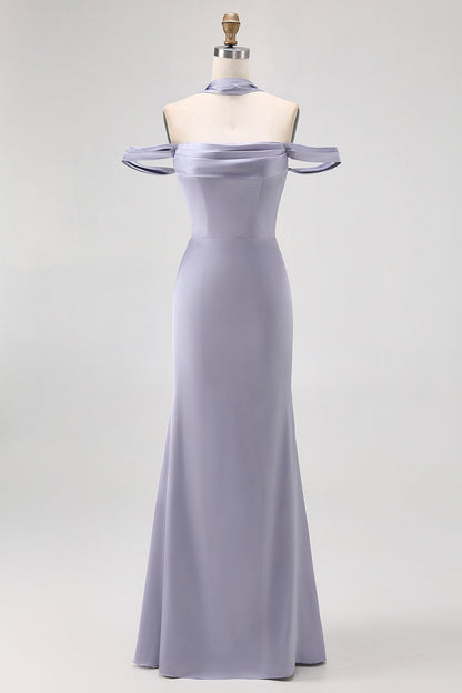 Off The Shoulder Dusty Blue Mermaid Bridesmaid Dress