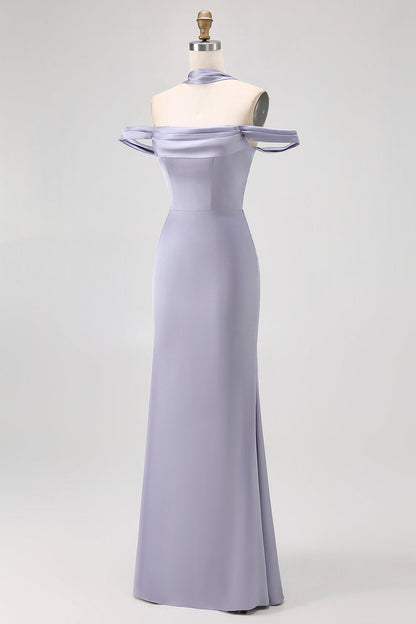 Off The Shoulder Dusty Blue Mermaid Bridesmaid Dress
