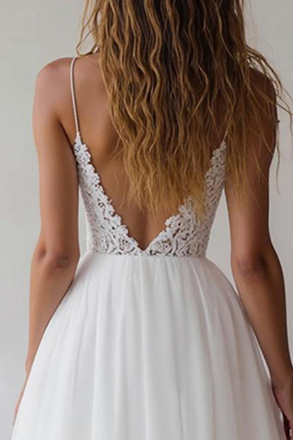 Lace A Line V Neck Long White Wedding Dress