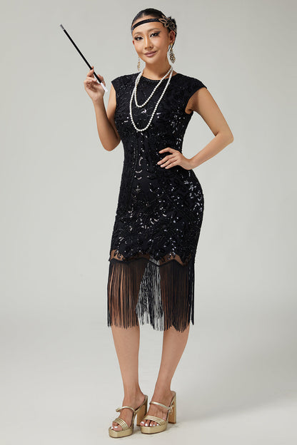 Black Sequined Bodycon Fringed 1920s Dress