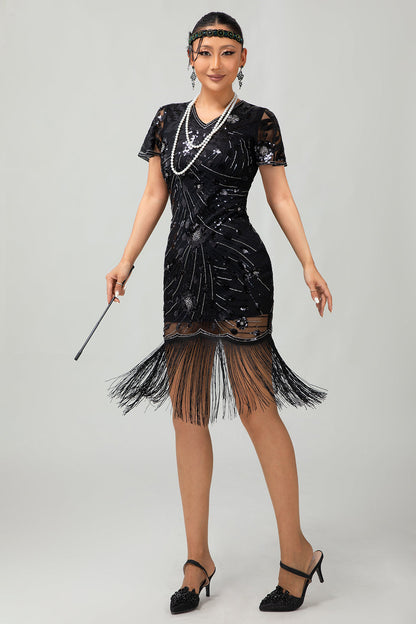 Black Red Fringed 1920s Sequin Flapper Dress
