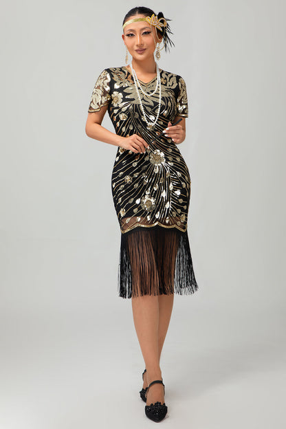 Black Gatsby Sequins 1920s Dress With Fringes