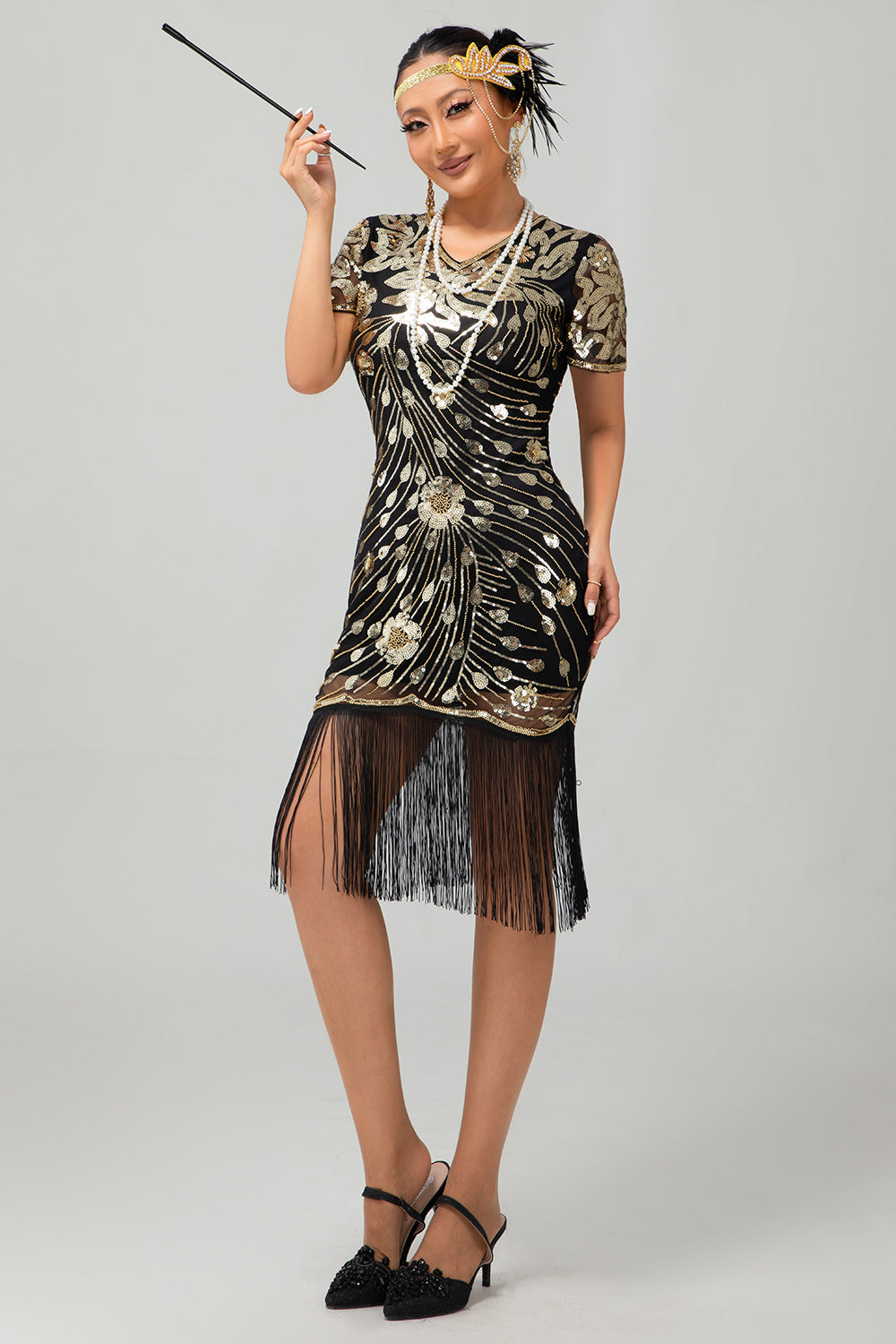 Black Golden Gatsby Sequin 1920s Dress With Fringes