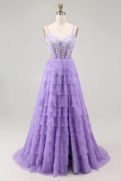 Purple A Line Tiered Beaded Corset Long Prom Dress with Slit