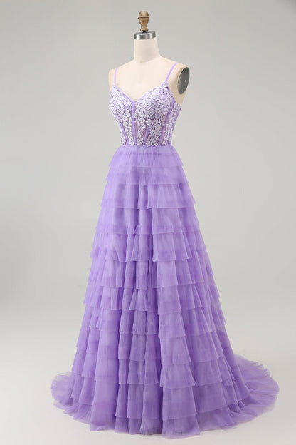 Purple A Line Tiered Beaded Corset Long Prom Dress with Slit