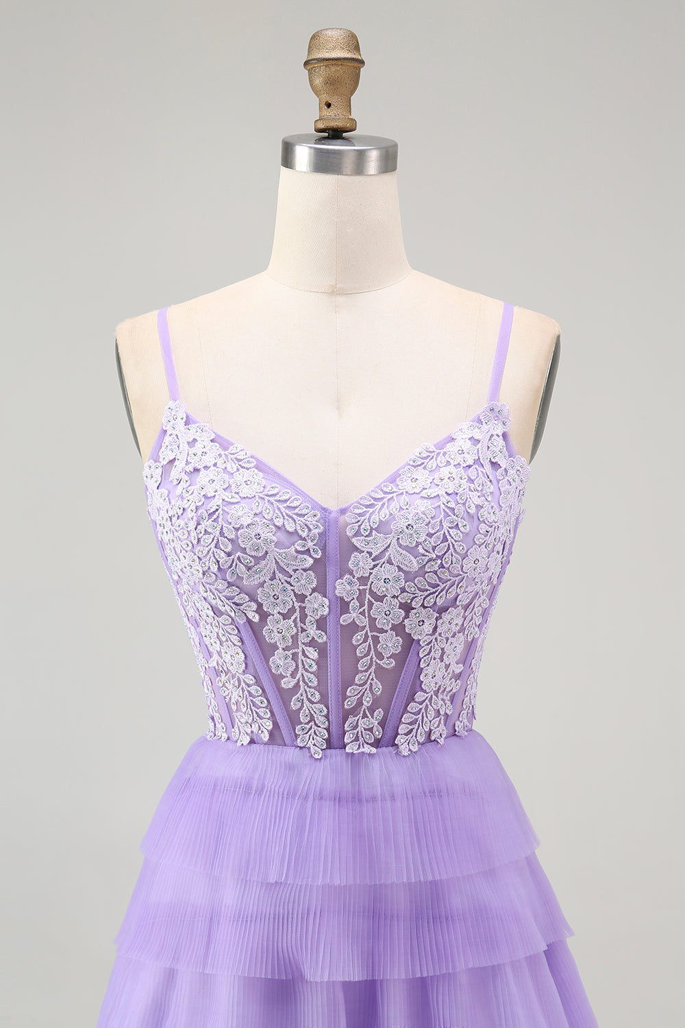 Purple A Line Tiered Beaded Corset Long Prom Dress with Slit