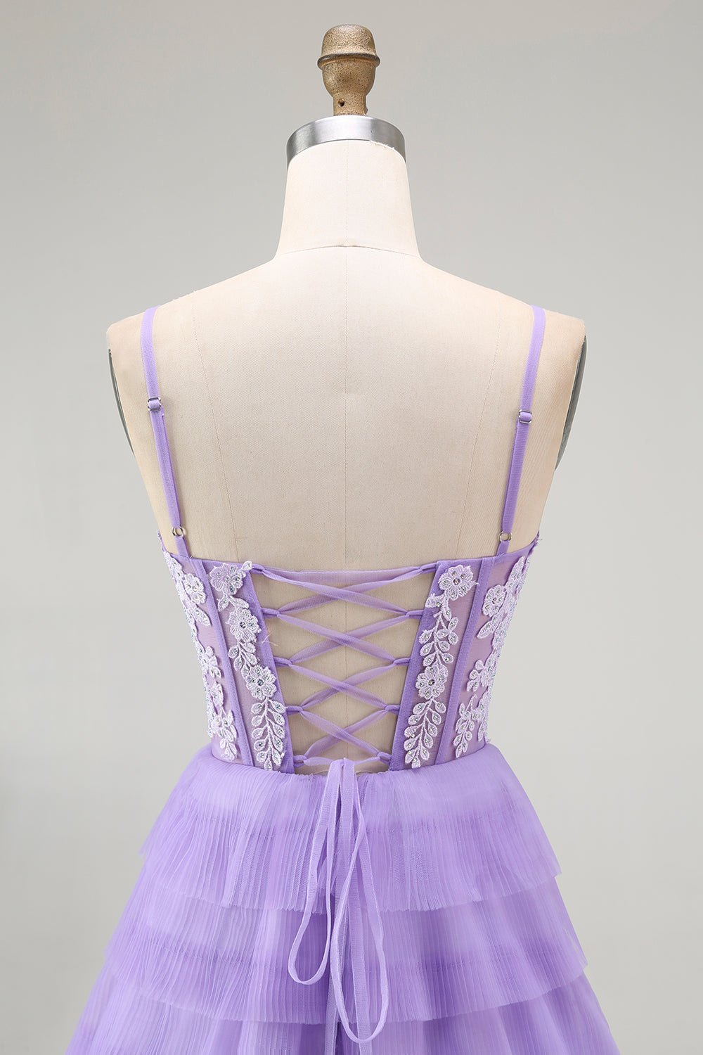 Purple A Line Tiered Beaded Corset Long Prom Dress with Slit
