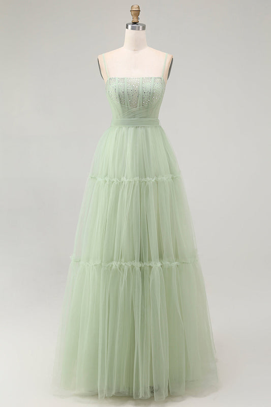 Green A Line Beaded Tulle Corset Long Prom Dress with Lace Up Back