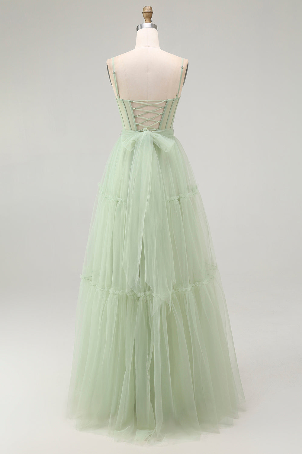 Green A Line Beaded Tulle Corset Long Prom Dress with Lace Up Back