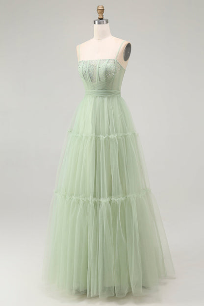 Green A Line Beaded Tulle Corset Long Prom Dress with Lace Up Back