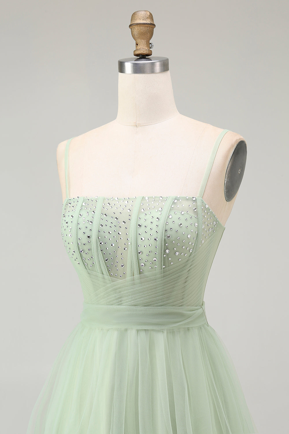 Green A Line Beaded Tulle Corset Long Prom Dress with Lace Up Back