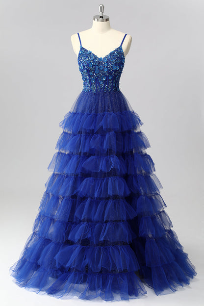 Sparkly Royal Blue Corset A Line Tiered Long Prom Dress with Appliques
