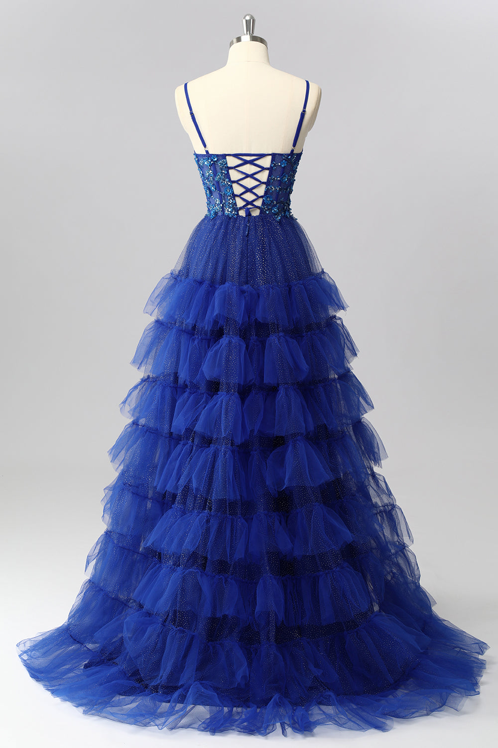 Sparkly Royal Blue Corset A Line Tiered Long Prom Dress with Appliques
