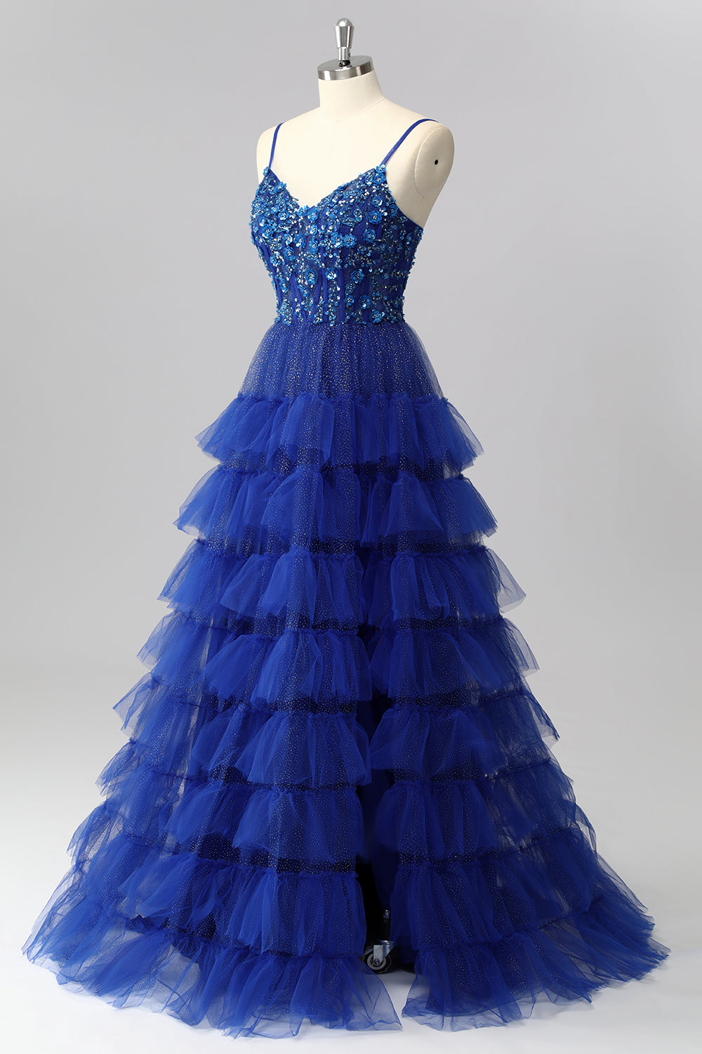Sparkly Royal Blue Corset A Line Tiered Long Prom Dress with Appliques