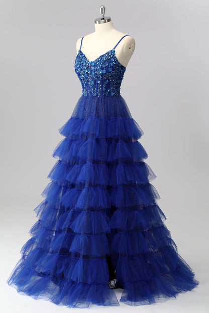 Sparkly Royal Blue Corset A Line Tiered Long Prom Dress with Appliques