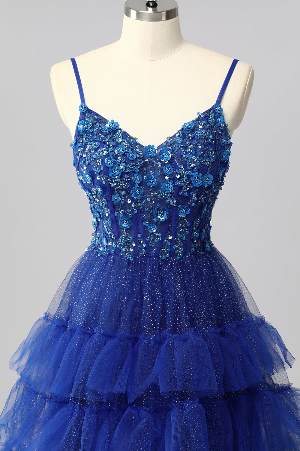 Sparkly Royal Blue Corset A Line Tiered Long Prom Dress with Appliques