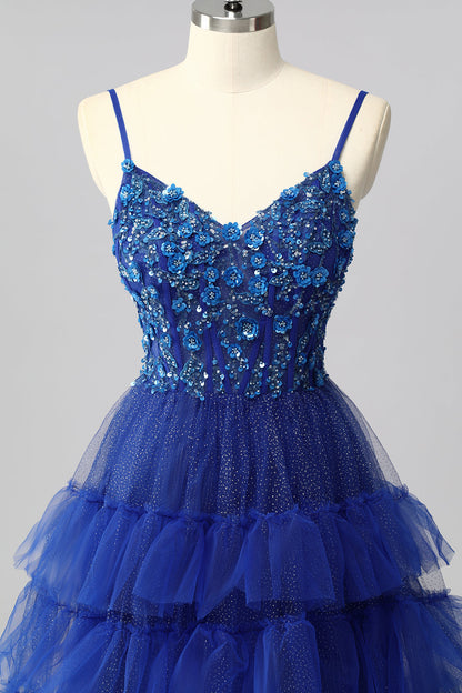 Sparkly Royal Blue Corset A Line Tiered Long Prom Dress with Appliques