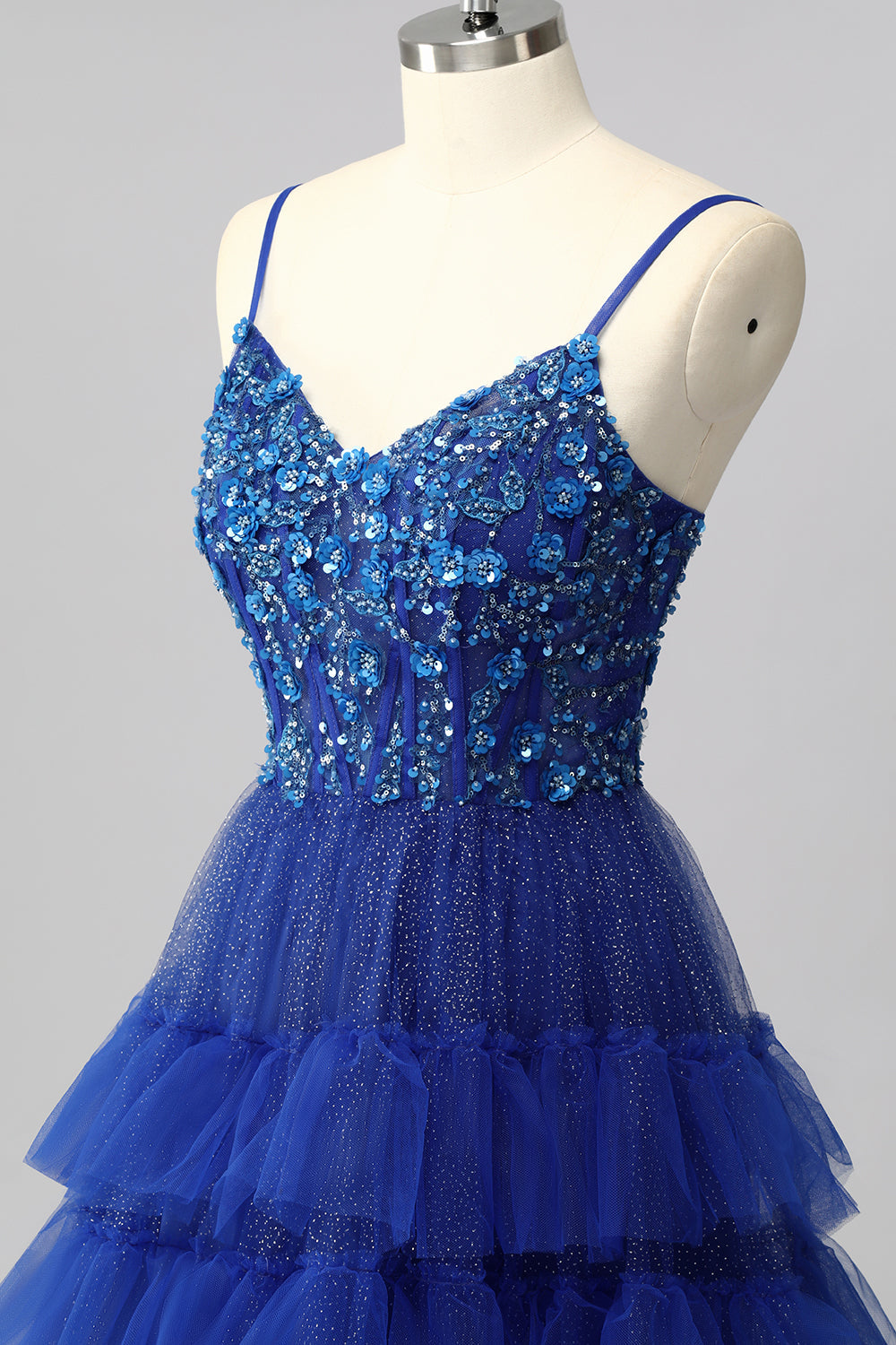 Sparkly Royal Blue Corset A Line Tiered Long Prom Dress with Appliques