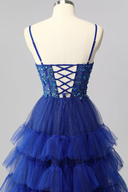 Sparkly Royal Blue Corset A Line Tiered Long Prom Dress with Appliques
