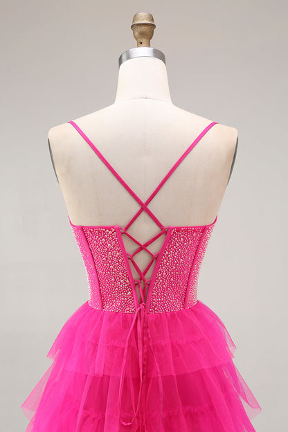 Fuchsia Corset A Line Spaghetti Straps Beaded Tiered Prom Dress with Slit