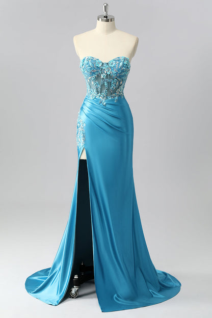 Strapless Blue Corset Mermaid Satin Prom Dress with Appliques