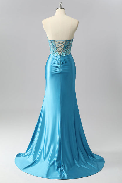 Strapless Blue Corset Mermaid Satin Prom Dress with Appliques