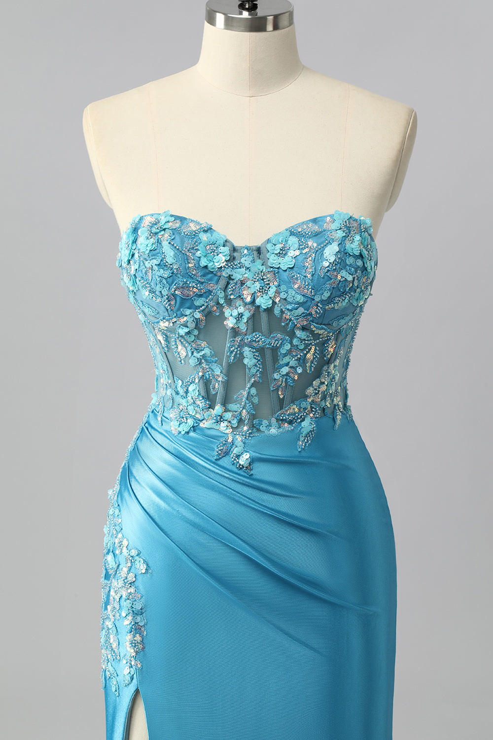 Strapless Blue Corset Mermaid Satin Prom Dress with Appliques