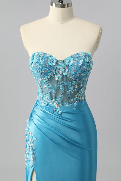 Strapless Blue Corset Mermaid Satin Prom Dress with Appliques