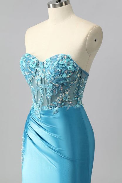 Strapless Blue Corset Mermaid Satin Prom Dress with Appliques