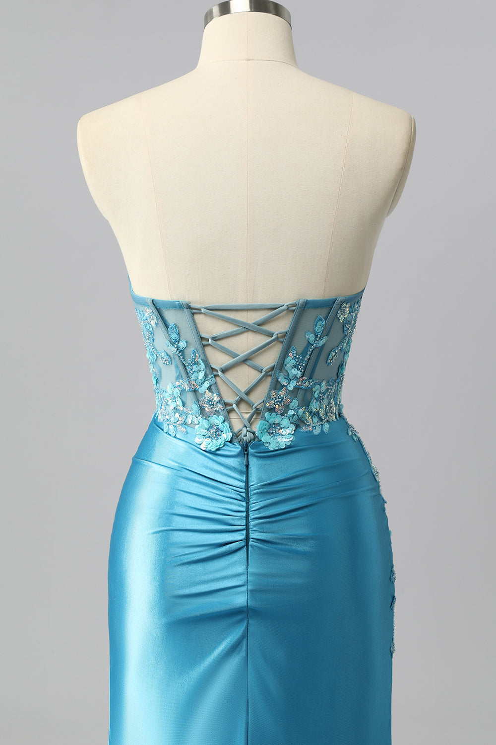 Strapless Blue Corset Mermaid Satin Prom Dress with Appliques