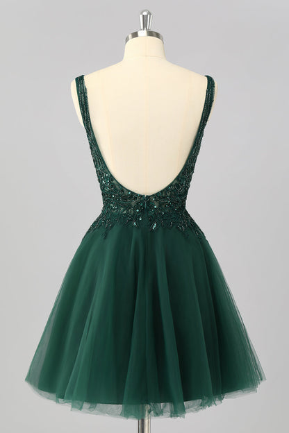 Sparkly Dark Green A Line V-Neck Short Homecoming Dress
