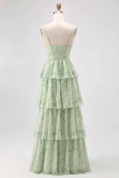 Dusty Sage A Line Corset Tiered Chiffon Long Bridesmaid Dress with Slit