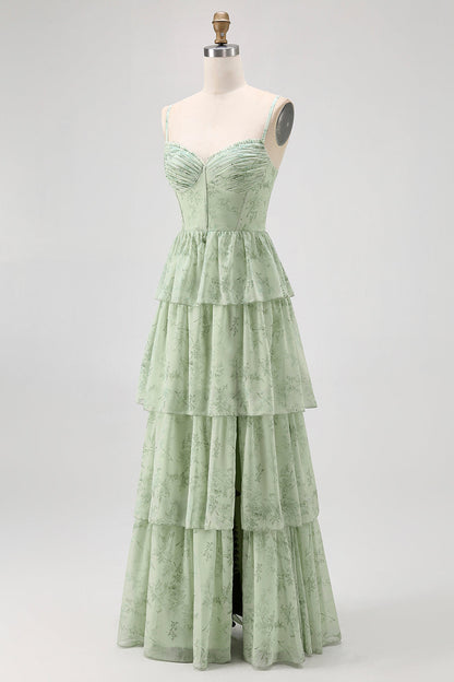 Dusty Sage A Line Corset Tiered Chiffon Long Bridesmaid Dress with Slit