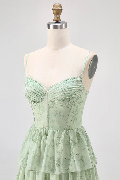 Dusty Sage A Line Corset Tiered Chiffon Long Bridesmaid Dress with Slit