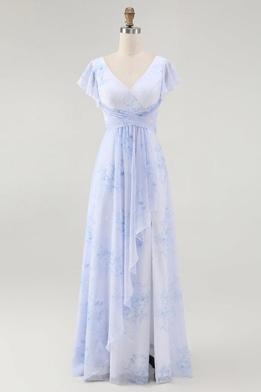 Blue Floral A Line V Neck Chiffon Long Bridesmaid Dress with Slit