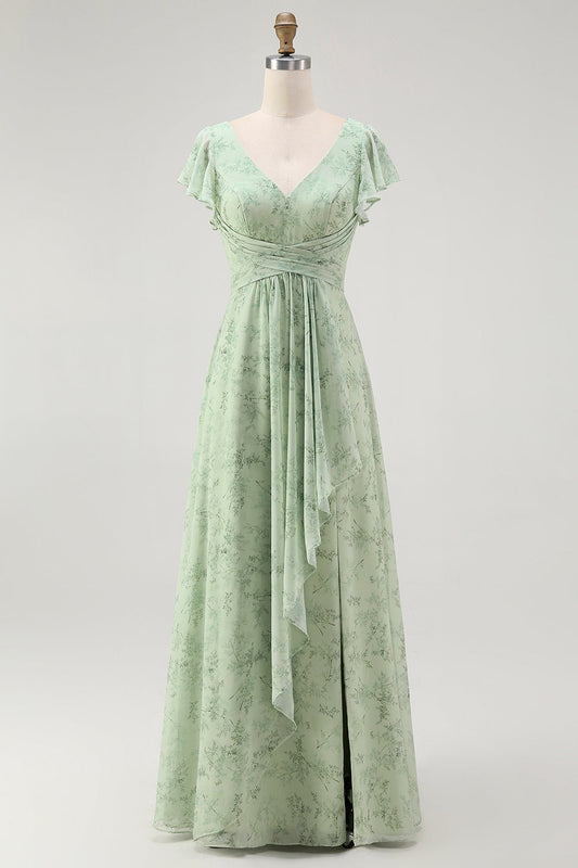 Dusty Sage A Line Short Sleeve Bridesmaid Dress with Slit
