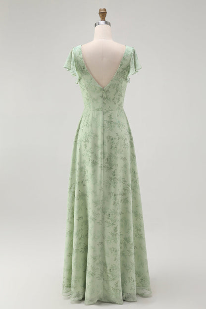 Dusty Sage A Line Short Sleeve Bridesmaid Dress with Slit
