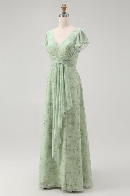 Blue Floral A Line V Neck Chiffon Long Bridesmaid Dress with Slit