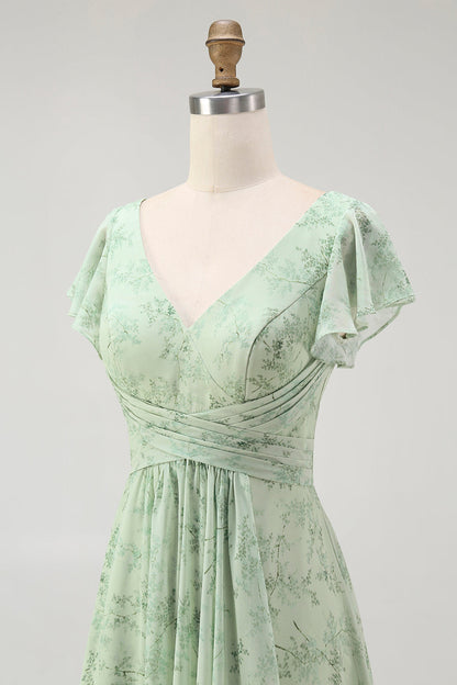 Blue Floral A Line V Neck Chiffon Long Bridesmaid Dress with Slit